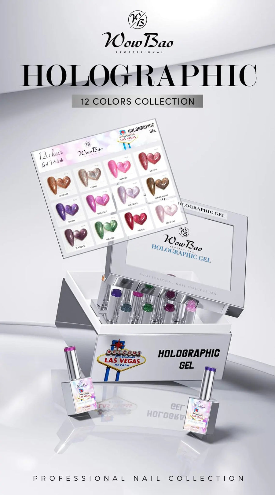 Las Vegas Gel Polish Set of 12 collection with colour chart - TPO / Hema-Free Gel Polish 15ml WowBao Nails