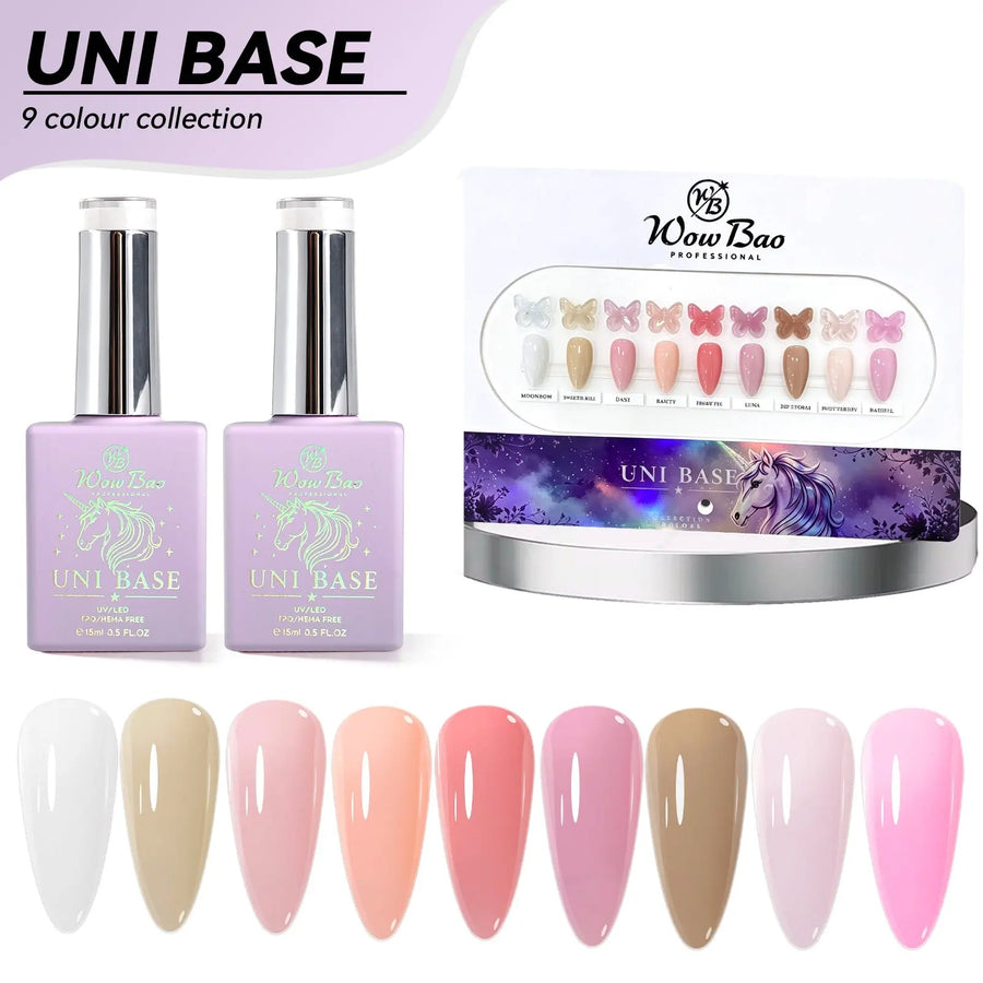 Full Collection of 9 & Colour Chart - Uni - Base All-in-One Base Coat 15ml TPO/Hema Wow Bao Nails