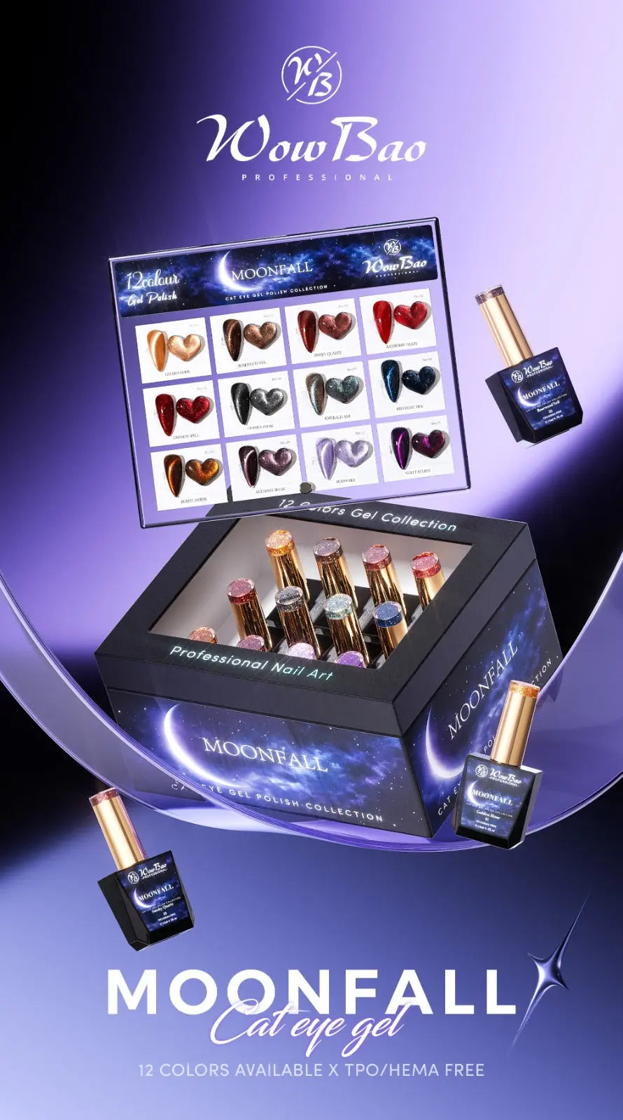 Moonfall Cat Eye collection set of 12 includes colour chart- TPO / Hema-Free Gel Polish 15ml WowBao Nails