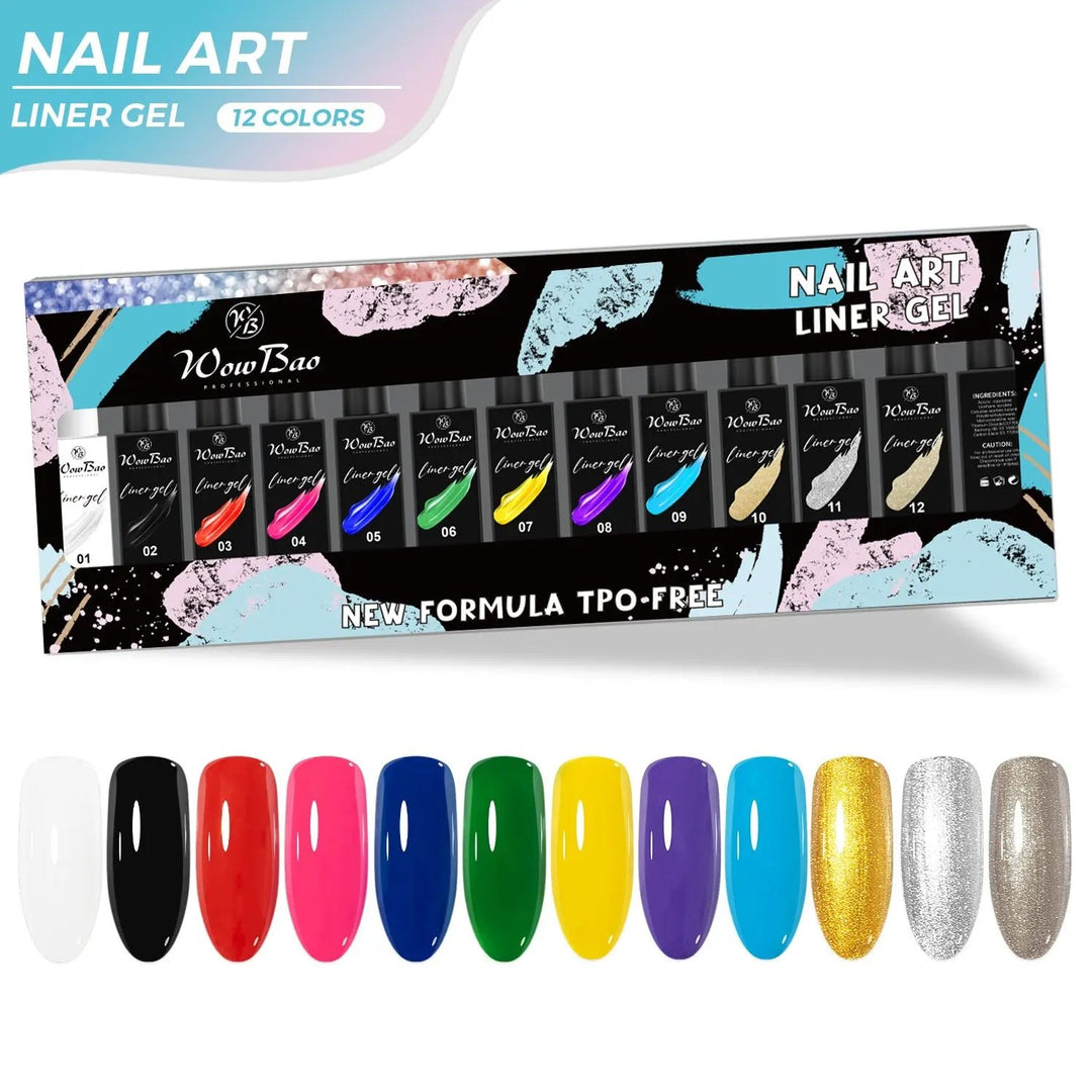 New Tpo/ Hema  free Liner Gel Paint (ORIGINAL) set of 12 colours (12ml) WowBao Nails