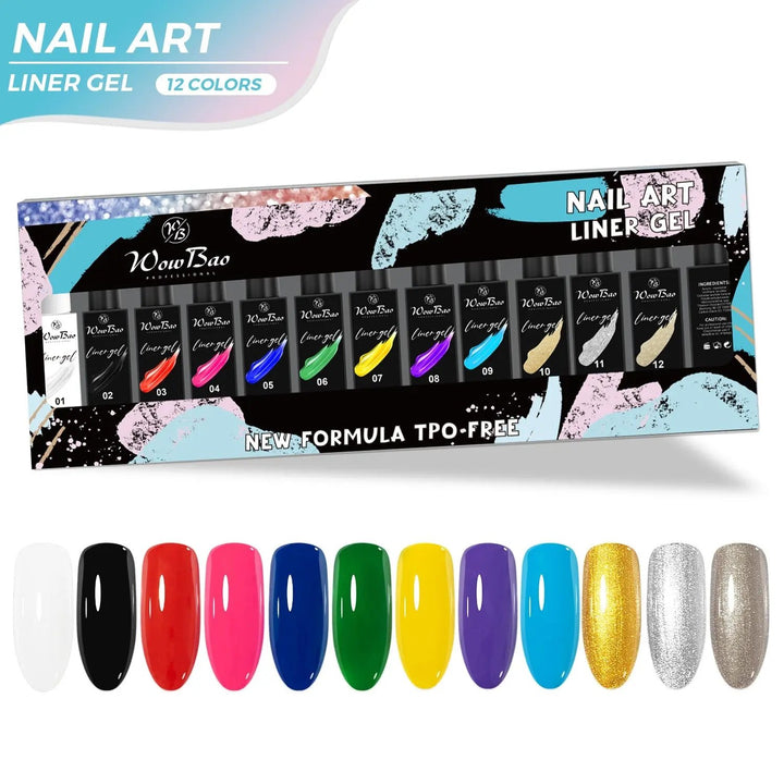 New Tpo/ Hema  free Liner Gel Paint (ORIGINAL) set of 12 colours (12ml) WowBao Nails