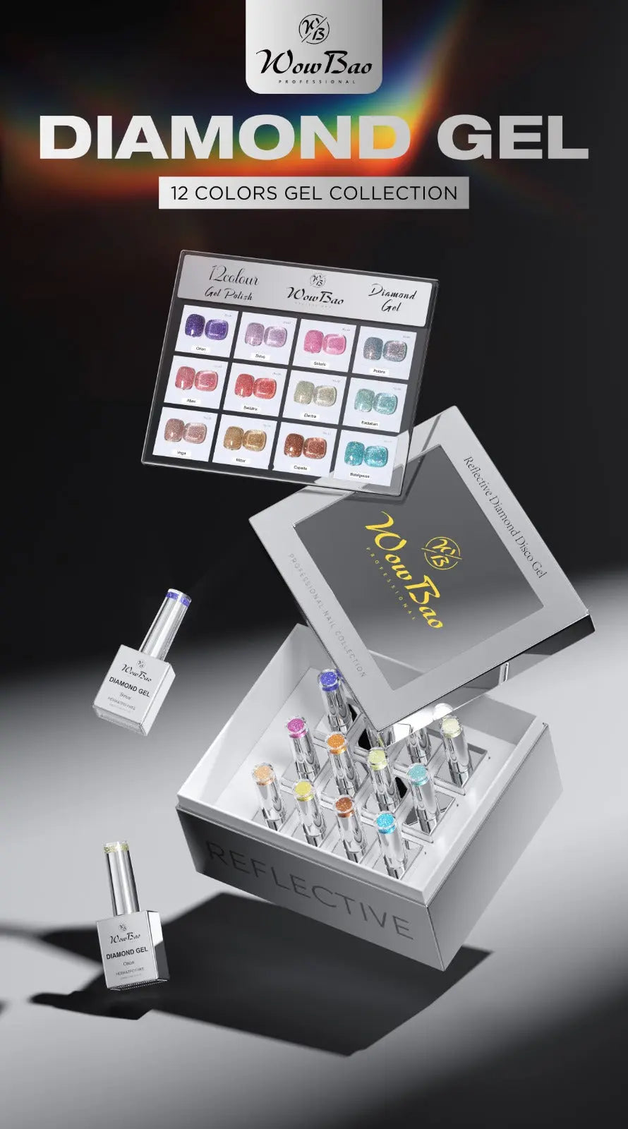 Diamond Gel Polish Set of 12 collection with colour chart - TPO / Hema-Free Gel Polish 15ml WowBao Nails