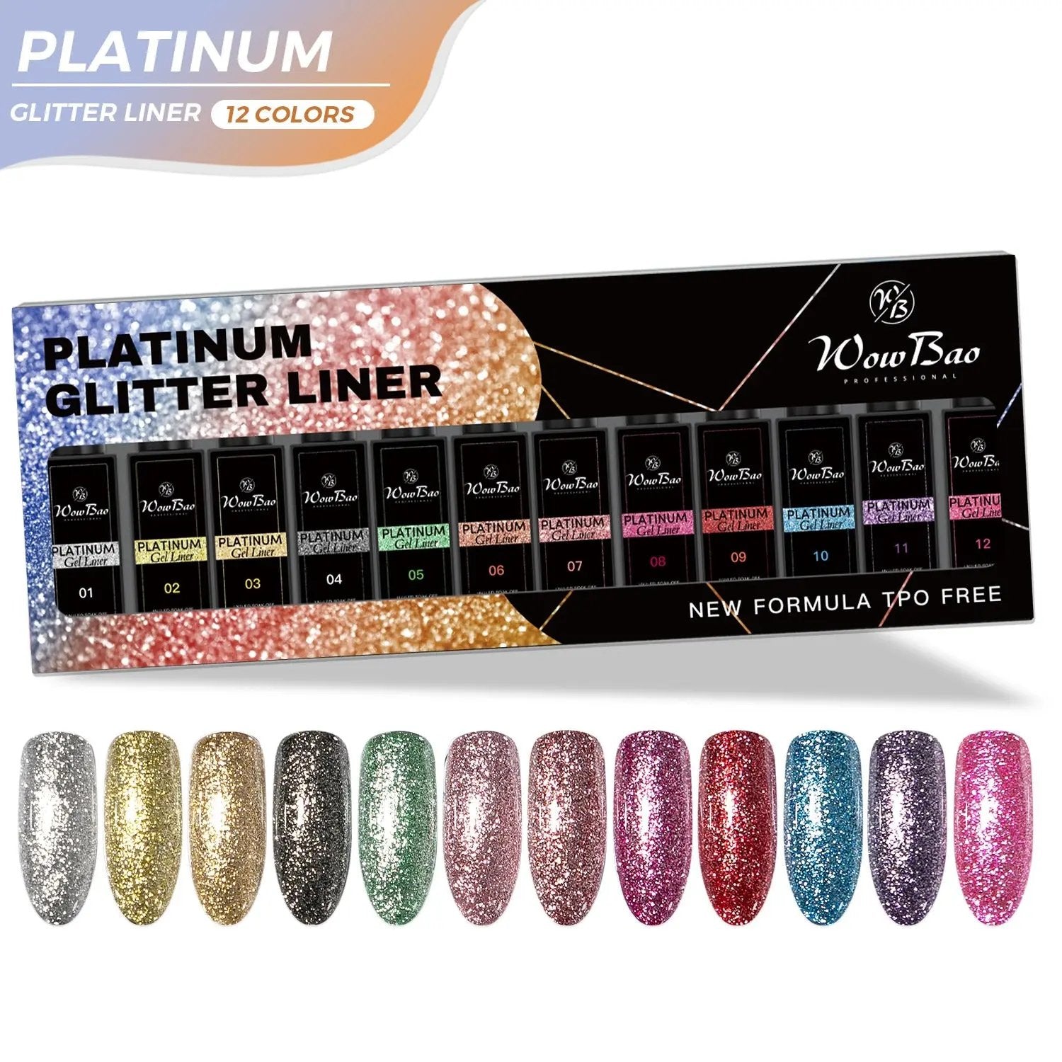 New Tpo/ Hema free Platinum Glitter Liner Gel Paints set of 12 colours ( 12ml ) WowBao Nails