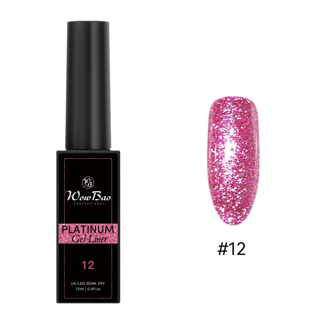 New Tpo/ Hema free Platinum Glitter Liner Gel Paints set of 12 colours ( 12ml ) WowBao Nails