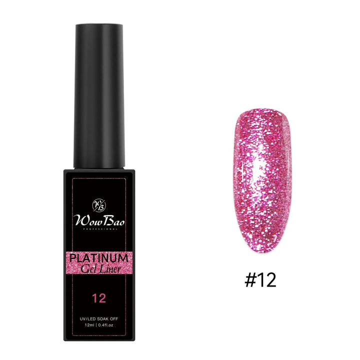 New Tpo/ Hema free Platinum Glitter Liner Gel Paints set of 12 colours ( 12ml ) WowBao Nails