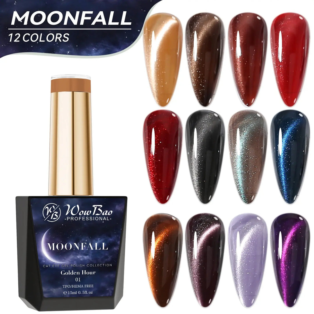 Moonfall Cat Eye collection set of 12 includes colour chart- TPO / Hema-Free Gel Polish 15ml WowBao Nails